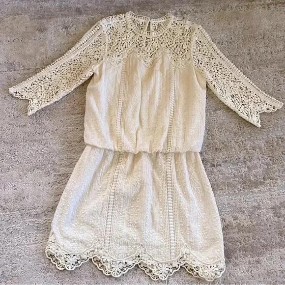 SAYLOR Revolve Brand Cream Crochet Dress Mini Eyelet Lace High Neck 3/4 Sleeve - Picture 1 of 12